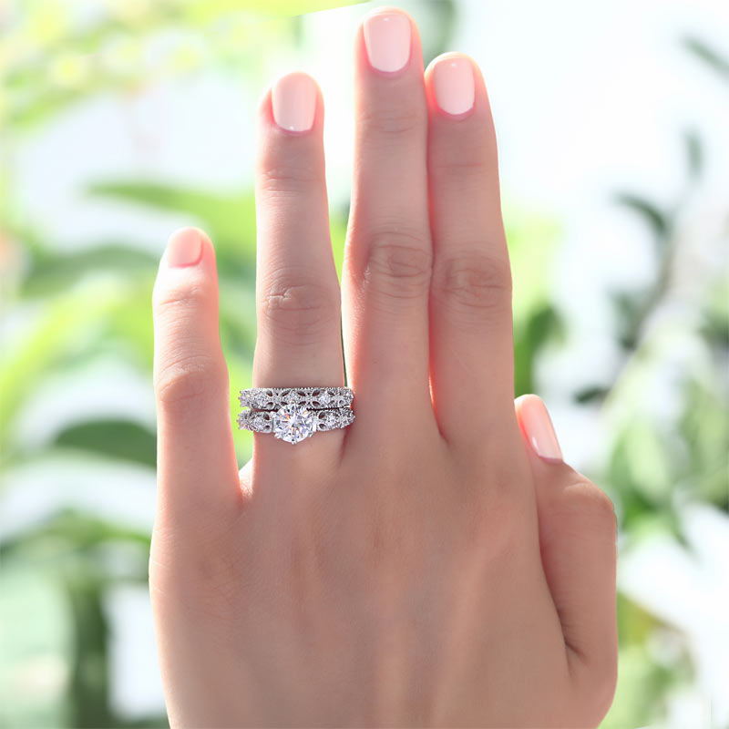 Vintage Style Victorian Art Deco 1.25 Carat Created Diamond Solid Sterling 925 Silver 2-Pcs Wedding Engagement Ring Set XFR8103-1