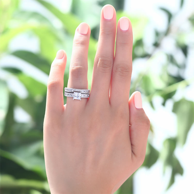 Vintage Style Victorian Art Deco 1 Carat Created Diamond Solid Sterling 925 Silver 2-Pc Wedding Engagement Ring Set XFR8104-1