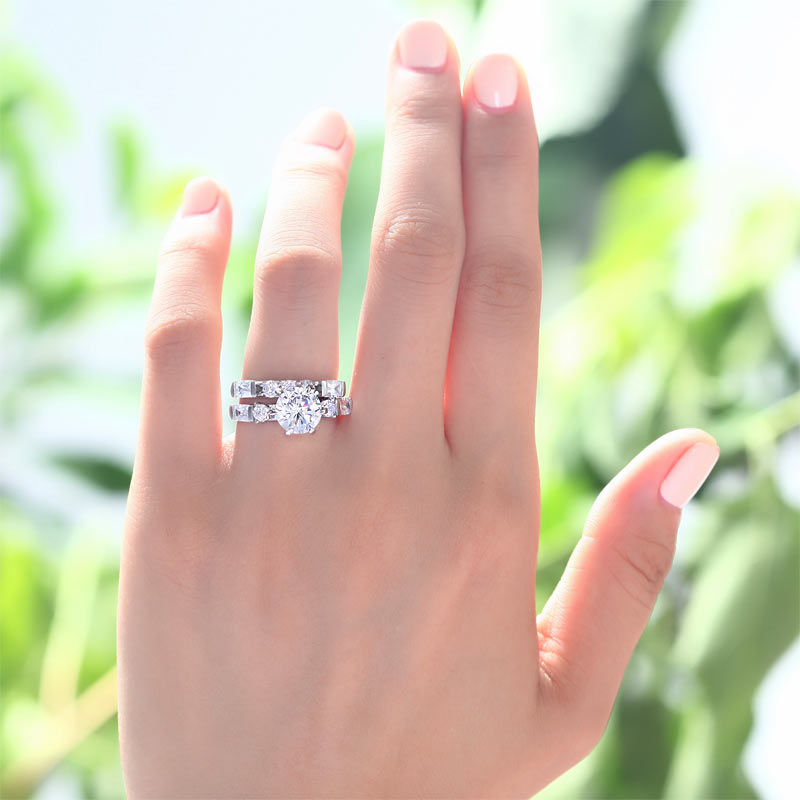 Vintage Style 2 Carat Created Diamond Solid Sterling 925 Silver 2-Pc Wedding Engagement Ring Set XFR8105-1