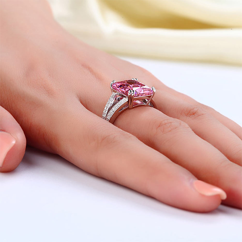 925 Sterling Silver Luxury Ring 6 Carat Fancy Pink Created Diamond Radiant Cut XFR8153-4