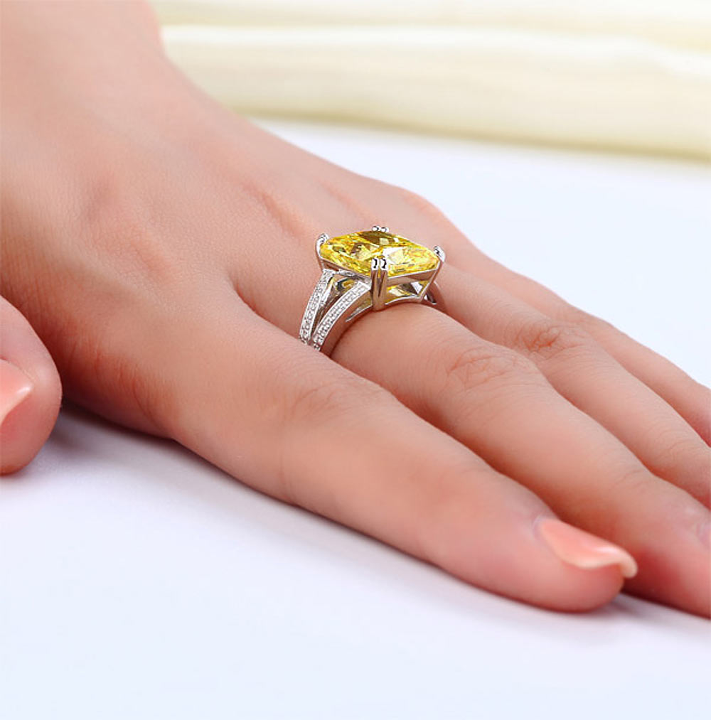 925 Sterling Silver Luxury Ring 6 Carat Fancy Yellow Created Diamond Radiant Cut XFR8154-4