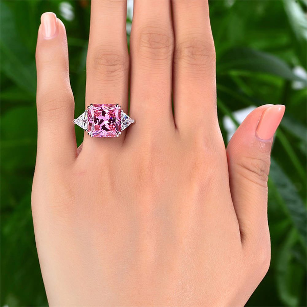 925 Sterling Silver Three-Stone Luxury Ring 8 Carat Fancy Pink Created Diamond XFR8156-2