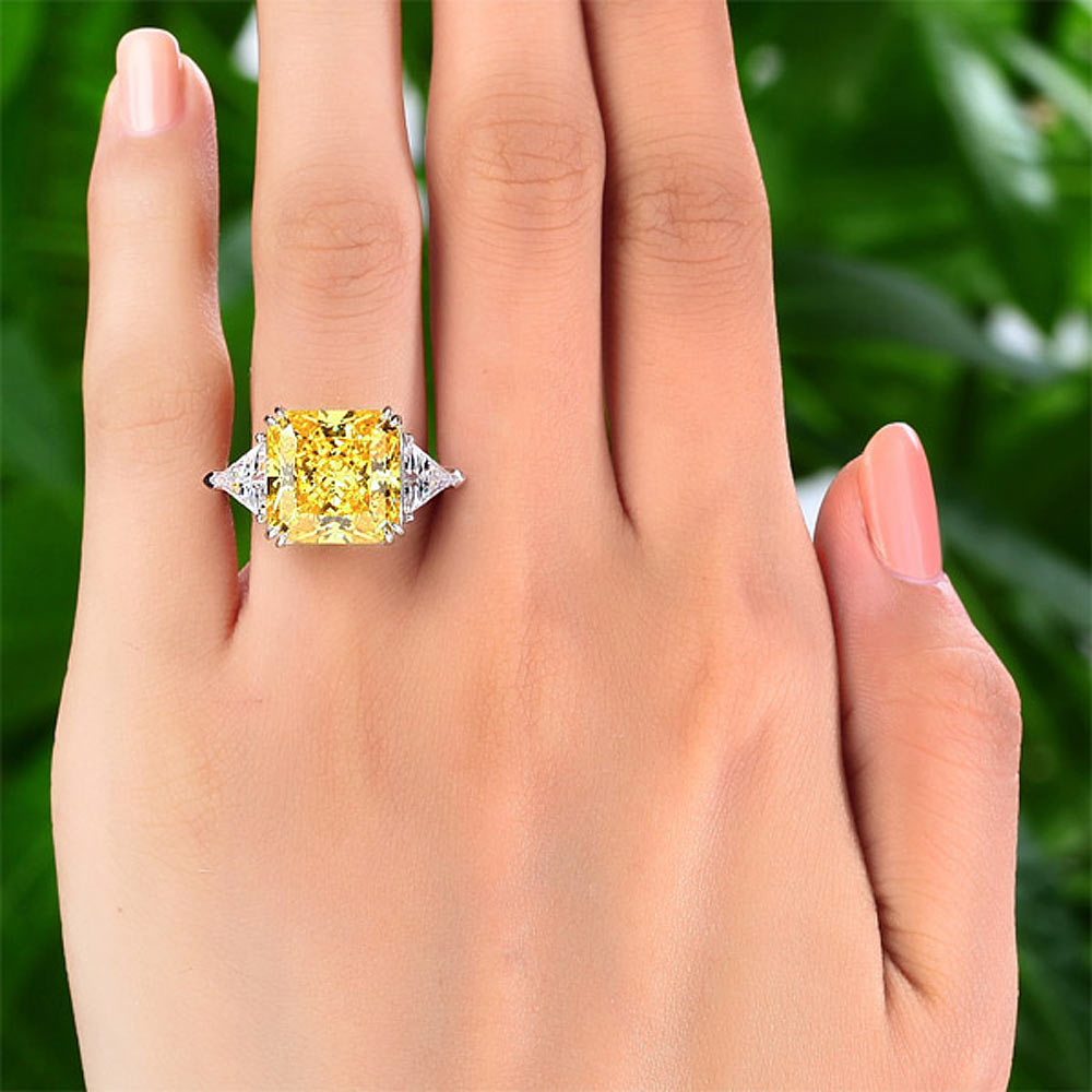 Solid 925 Sterling Silver Three-Stone Luxury Ring 8 Carat Yellow Canary Created Diamond XFR8157-1