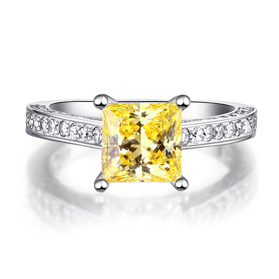 1.5 Carat Princess Cut Yellow Canary Created Diamond 925 Sterling Silver Wedding Engagement Ring XFR8194-2