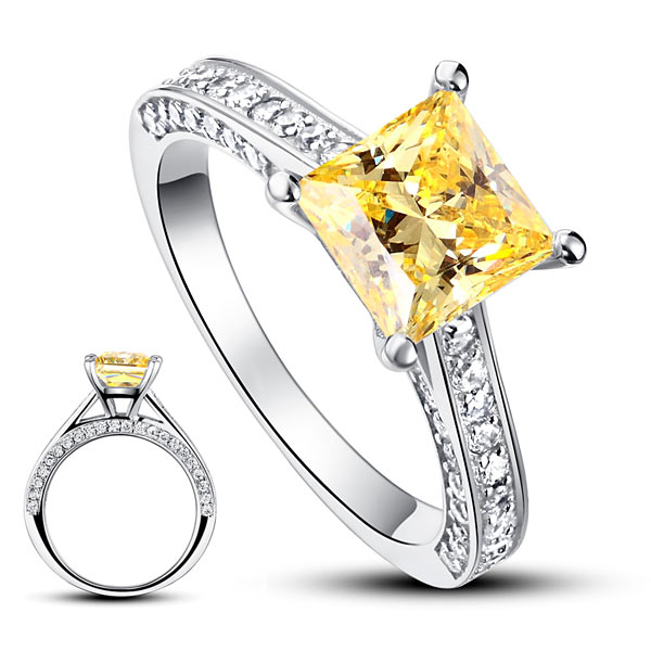 1.5 Carat Princess Cut Yellow Canary Created Diamond 925 Sterling Silver Wedding Engagement Ring XFR8194-0