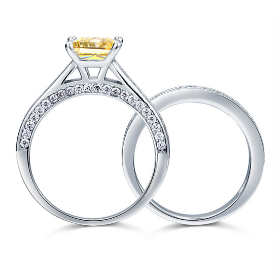 1.5 Ct Princess Cut Yellow Canary Solid 925 Sterling Silver 2-Pcs Wedding Ring Set XFR8194S-3
