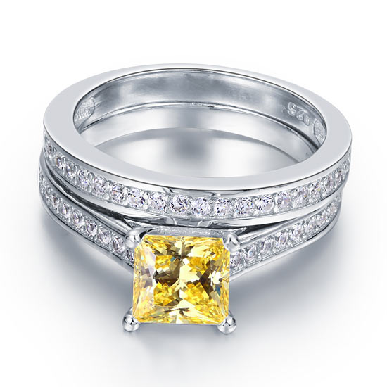 1.5 Ct Princess Cut Yellow Canary Solid 925 Sterling Silver 2-Pcs Wedding Ring Set XFR8194S-2