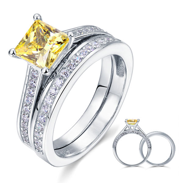 1.5 Ct Princess Cut Yellow Canary Solid 925 Sterling Silver 2-Pcs Wedding Ring Set XFR8194S-0