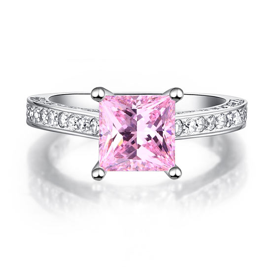 1.5 Carat Princess Cut Fancy Pink Created Diamond 925 Sterling Silver Wedding Engagement Ring XFR8195-2
