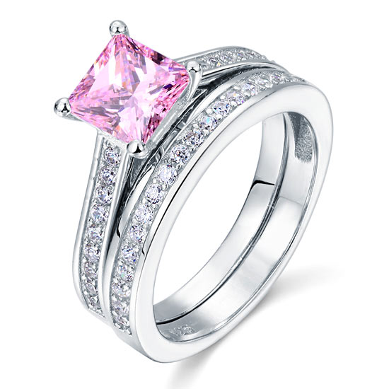1.5 Carat Princess Cut 2-Pc Fancy Pink Created Diamond 925 Sterling Silver Wedding Engagement Ring Set XFR8195S-4