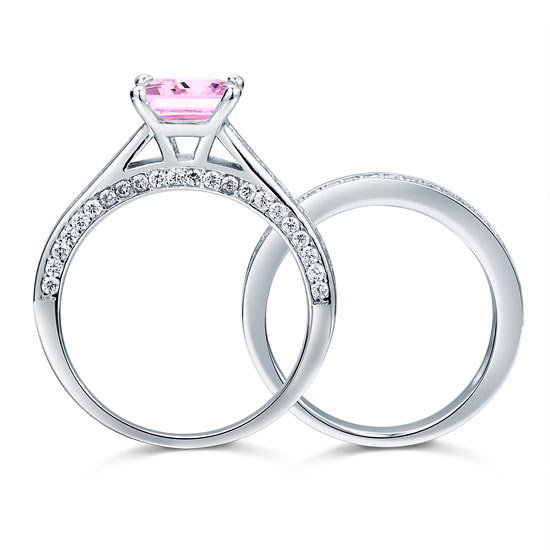 1.5 Carat Princess Cut 2-Pc Fancy Pink Created Diamond 925 Sterling Silver Wedding Engagement Ring Set XFR8195S-3