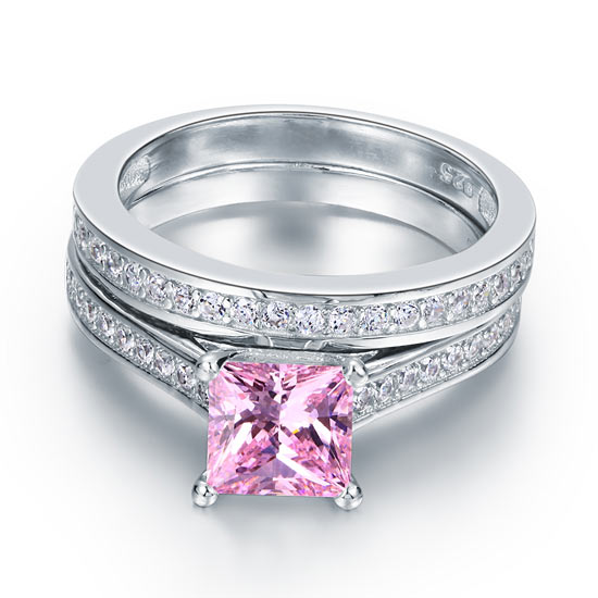 1.5 Carat Princess Cut 2-Pc Fancy Pink Created Diamond 925 Sterling Silver Wedding Engagement Ring Set XFR8195S-2