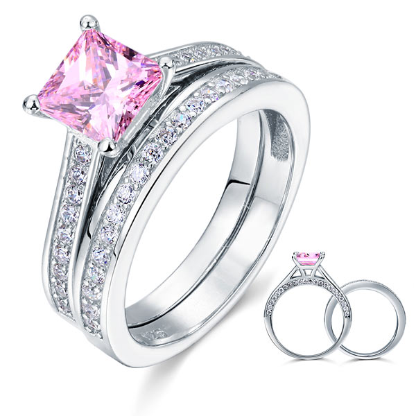 1.5 Carat Princess Cut 2-Pc Fancy Pink Created Diamond 925 Sterling Silver Wedding Engagement Ring Set XFR8195S-0