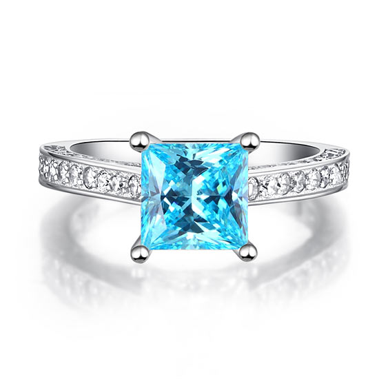 1.5 Carat Princess Cut Fancy Blue Created Diamond 925 Sterling Silver Wedding Engagement Ring XFR8196-2