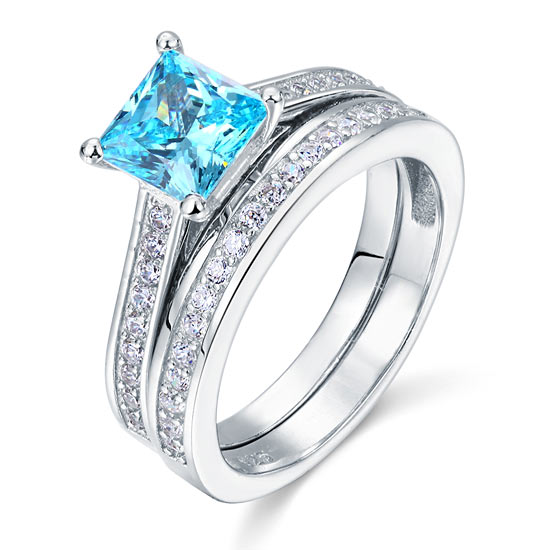 1.5 Carat Princess Cut 2-Pcs Fancy Blue Created Diamond 925 Sterling Silver Wedding Engagement Ring Set XFR8196S-4