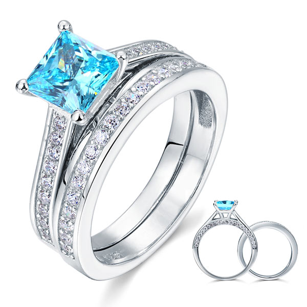 1.5 Carat Princess Cut 2-Pcs Fancy Blue Created Diamond 925 Sterling Silver Wedding Engagement Ring Set XFR8196S-0