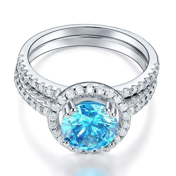 925 Sterling Silver Wedding Engagement Halo Ring Set 2 Carat Blue Created Diamond XFR8219-2