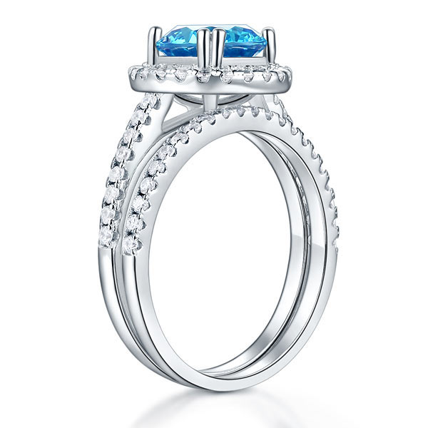 925 Sterling Silver Wedding Engagement Halo Ring Set 2 Carat Blue Created Diamond XFR8219-3