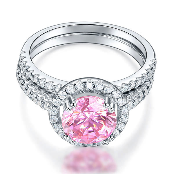 925 Sterling Silver Wedding Engagement Halo Ring Set 2 Carat Pink Created Diamond Wedding Jewelry XFR8220-2