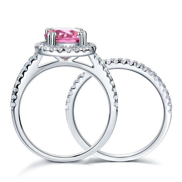 925 Sterling Silver Wedding Engagement Halo Ring Set 2 Carat Pink Created Diamond Wedding Jewelry XFR8220-4