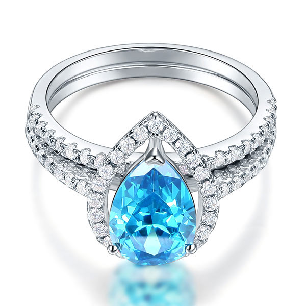 Sterling 925 Silver Bridal Wedding Engagement Ring Set 2 Carat Pear Fancy Blue Created Diamond Jewelry XFR8222-2