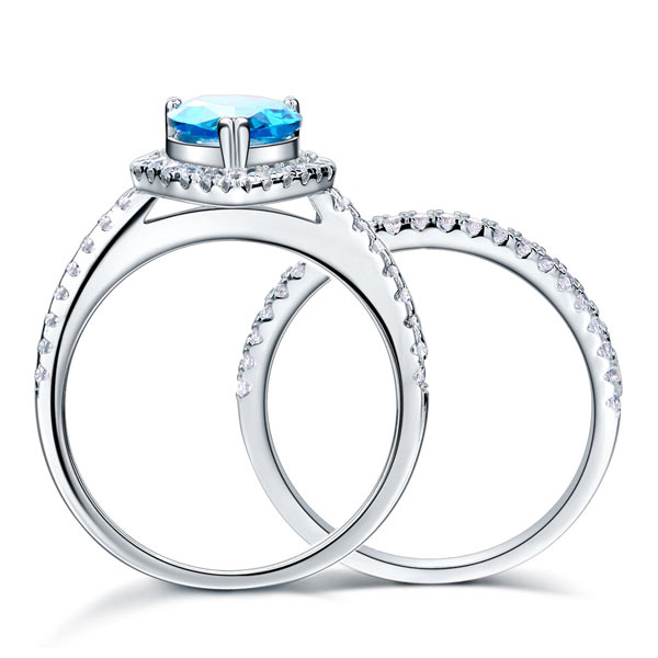 Sterling 925 Silver Bridal Wedding Engagement Ring Set 2 Carat Pear Fancy Blue Created Diamond Jewelry XFR8222-4