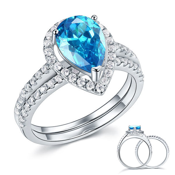 Sterling 925 Silver Bridal Wedding Engagement Ring Set 2 Carat Pear Fancy Blue Created Diamond Jewelry XFR8222-0