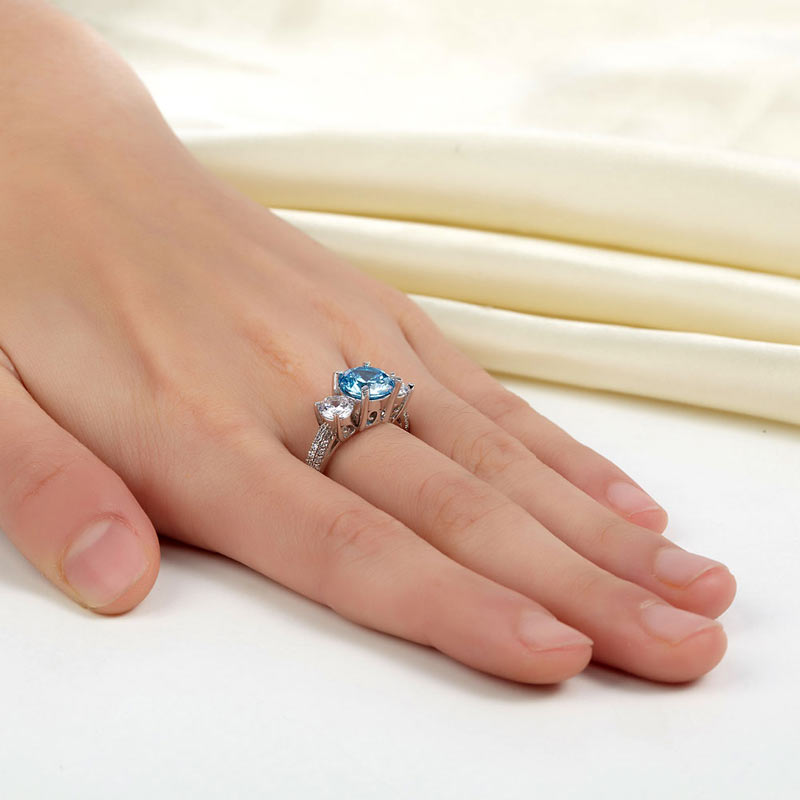 925 Sterling Silver 3-Stone Bridal Ring 2 Carat Created Blue Diamond Vintage Style Jewelry XFR8226-1