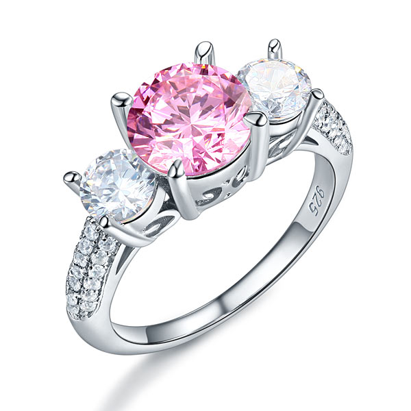 925 Sterling Silver 3-Stone Wedding Ring 2 Carat Fancy Pink Created Diamond Jewelry Vintage Style XFR8227-0