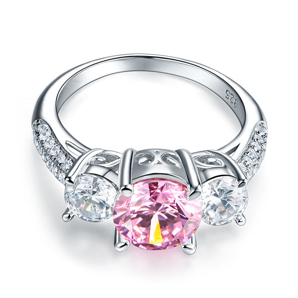 925 Sterling Silver 3-Stone Wedding Ring 2 Carat Fancy Pink Created Diamond Jewelry Vintage Style XFR8227-3