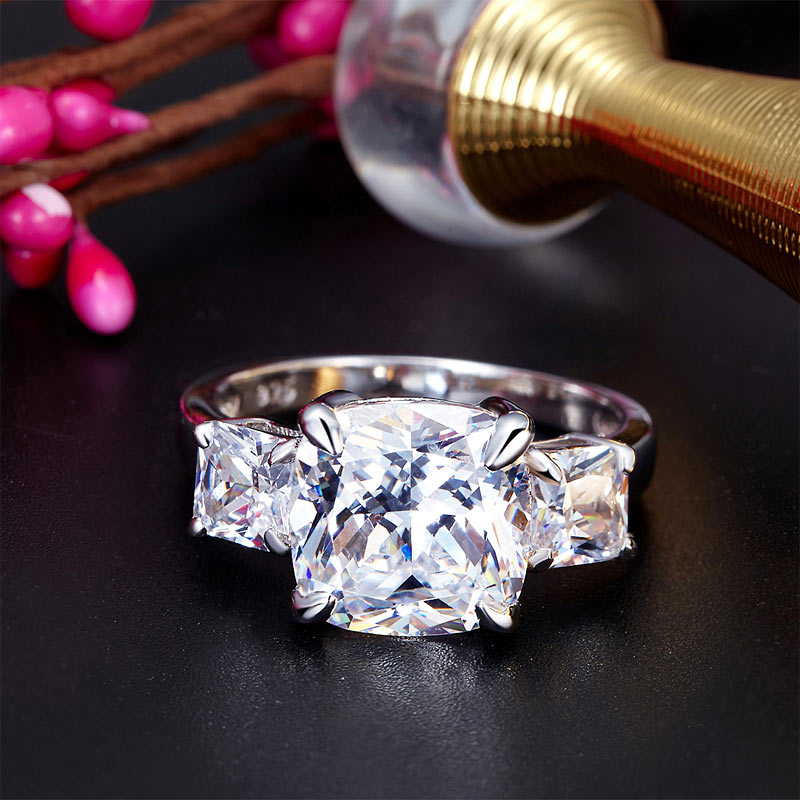 Cushion Cut 4 Carat Solid 925 Sterling Silver Ring Three-Stone Pageant Luxury Jewelry XFR8309-3