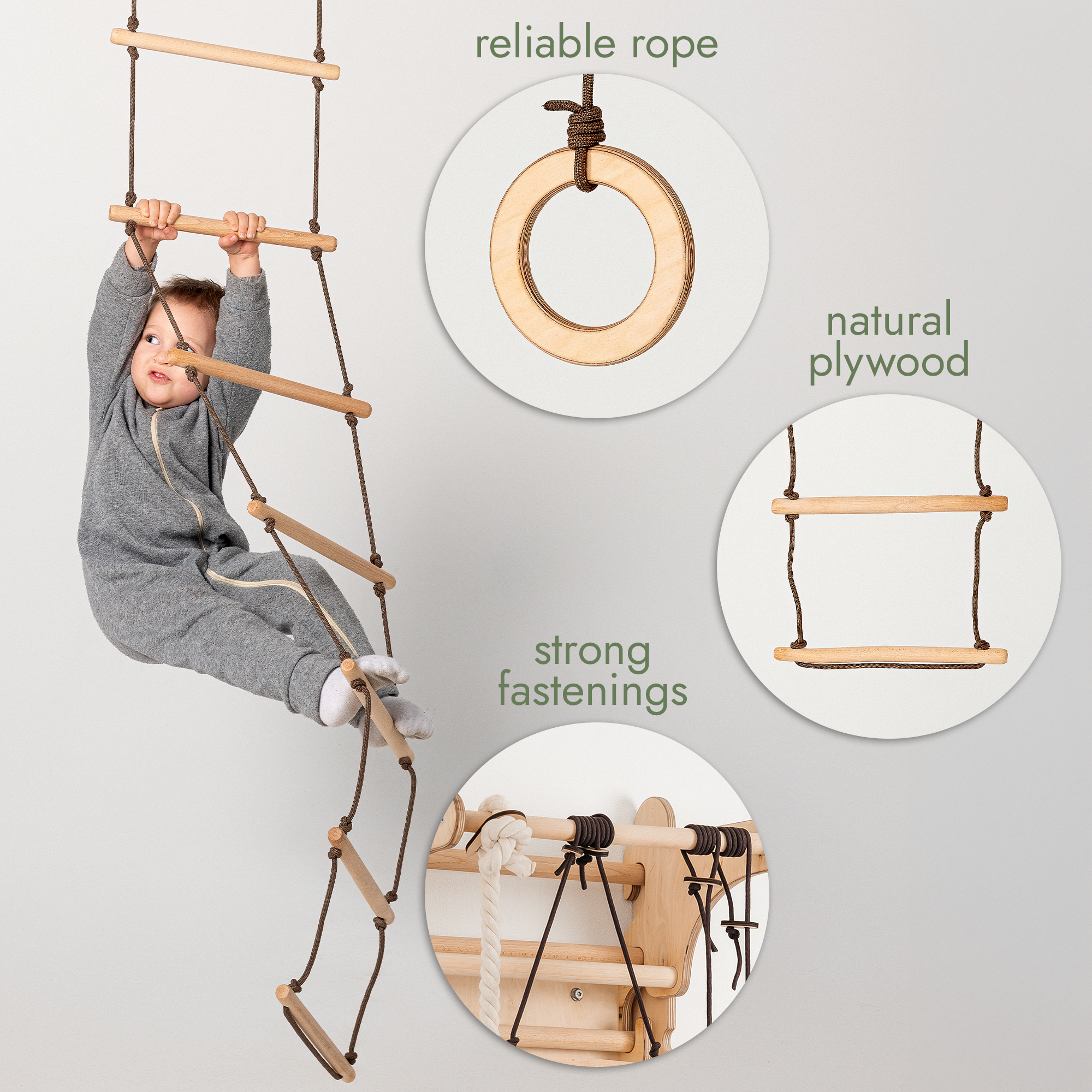 3in1 Swing Set: Disc rope swing + Gymnastic rings + Rope ladder-2