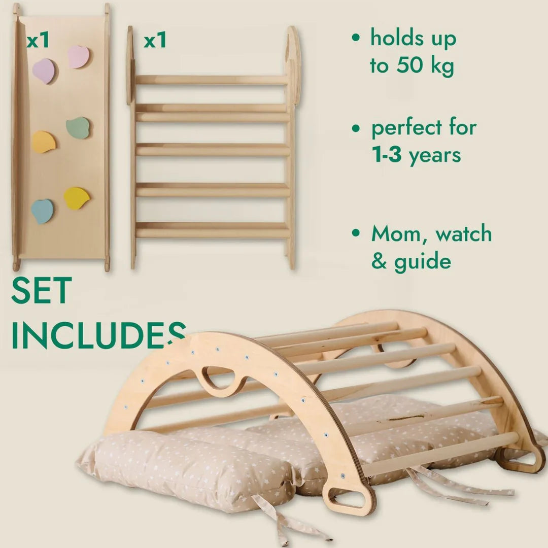 4in1 Montessori Climbing Frame: Pikler Triangle + Arch + Slide Board + Cushion for Toddlers (1–3 Years)-1