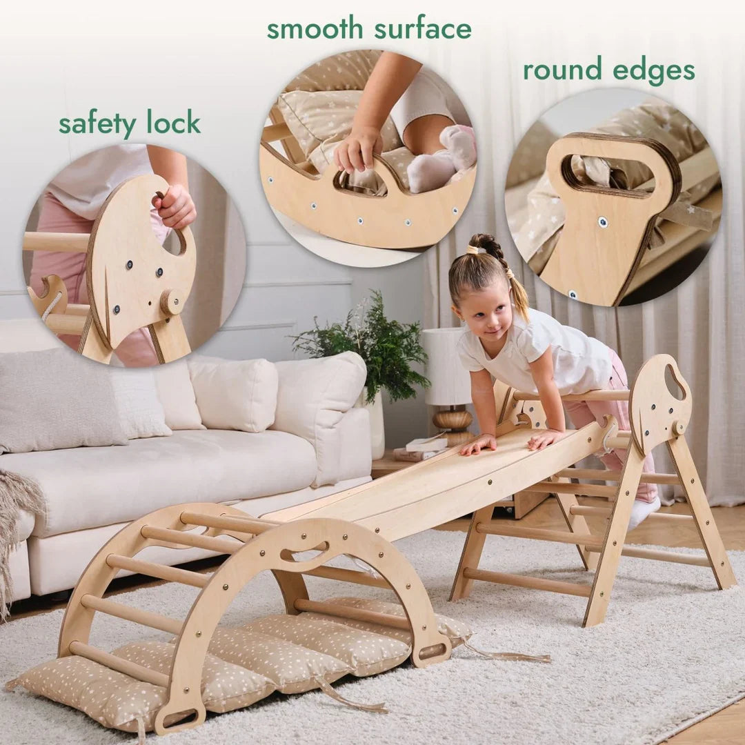 4in1 Montessori Climbing Frame: Pikler Triangle + Arch + Slide Board + Cushion for Toddlers (1–3 Years)-2