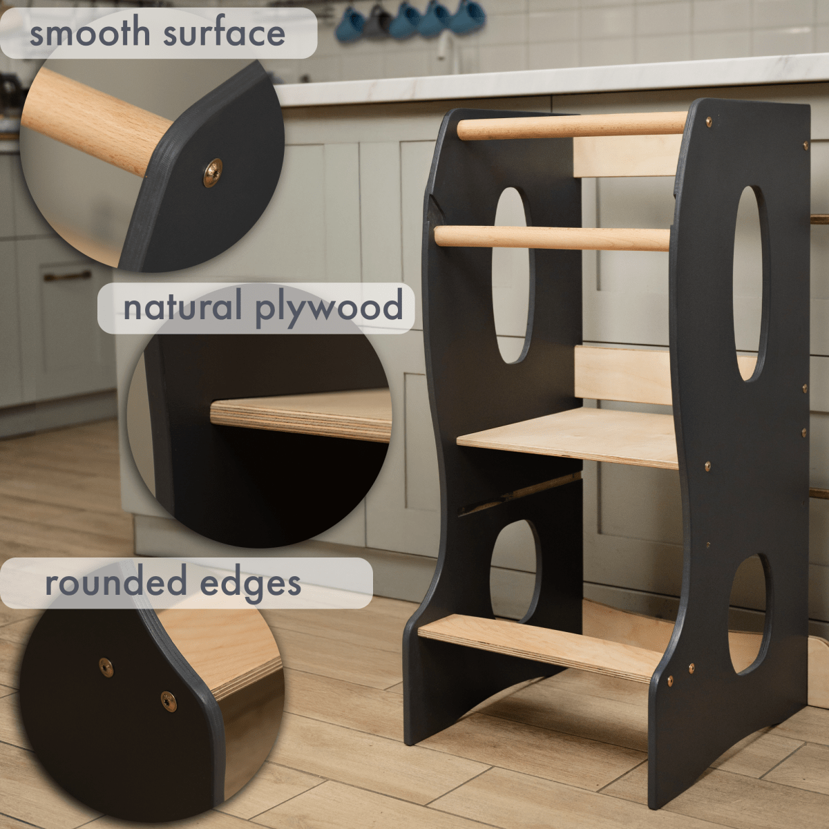 Stable Montessori Tower – Wooden Growing Chair with Cut-Out Handles – Grey-3