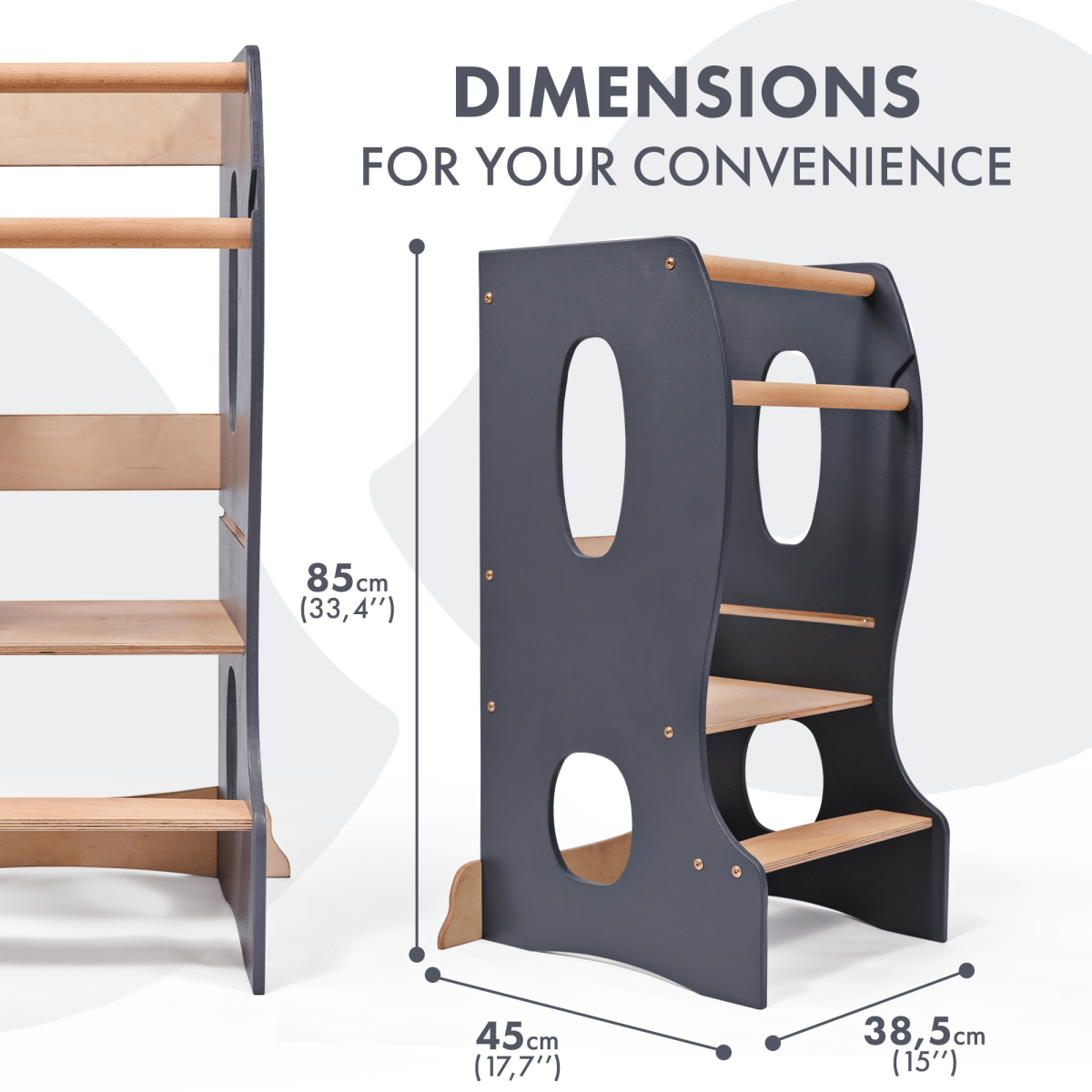 Stable Montessori Tower – Wooden Growing Chair with Cut-Out Handles – Grey-1
