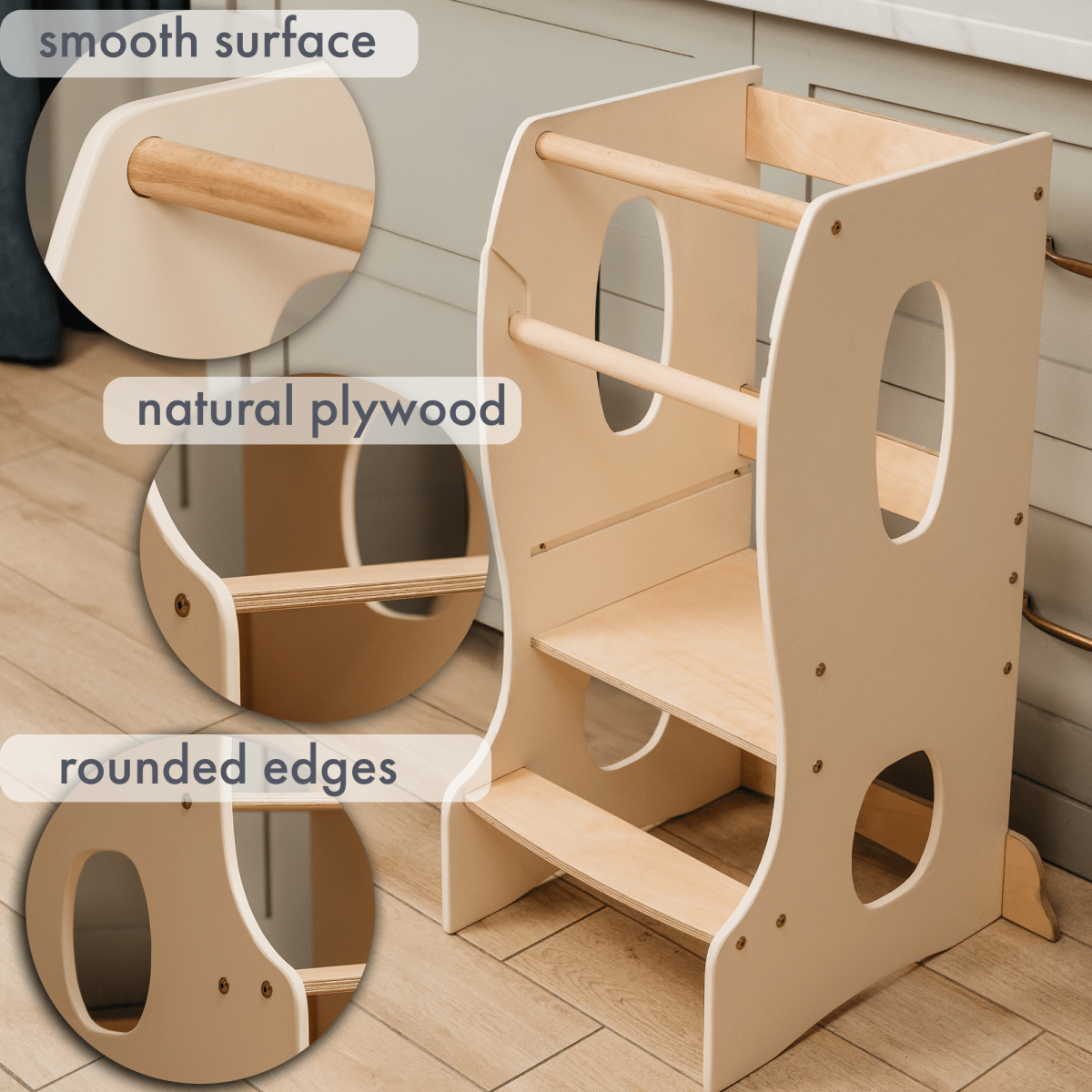 Stable Montessori Tower – Wooden Growing Chair with Cut-Out Handles – Ivory-2