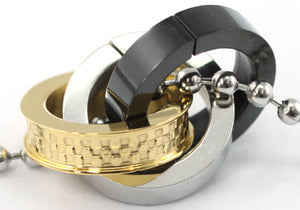3 Rings Checkered Love Theme Black Silver Gold Tone Steel Mens Pendant Necklace MP024-0