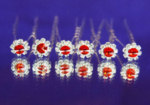 6 X Bridal Wedding Red Flower Rhinestone Hair Pins XP1048-0