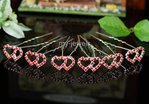 6 pcs X Bridal Wedding Double Hearts Red Rhinestone Hair Pins XP1086-0