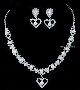 Bridal Wedding Party Heart Faux Pearl Crystal Necklace Earrings Set XS1110-0