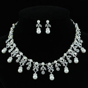 Bridal Faux Pearl Flower Necklace Earrings Set XS1217-0