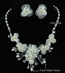 Bridal Ivory Fabric Water Pearl Necklace Earrings Set XS1218-0