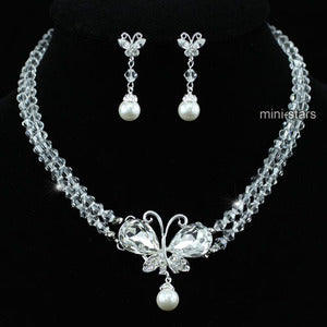 Bridal Butterfly Crystal Faux Pearl Necklace Earrings Set XS1220-0