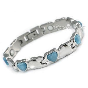 Women Stainless Steel Magnetic Health Blue Heart Cat Eye Stone Bracelet XSB152-0