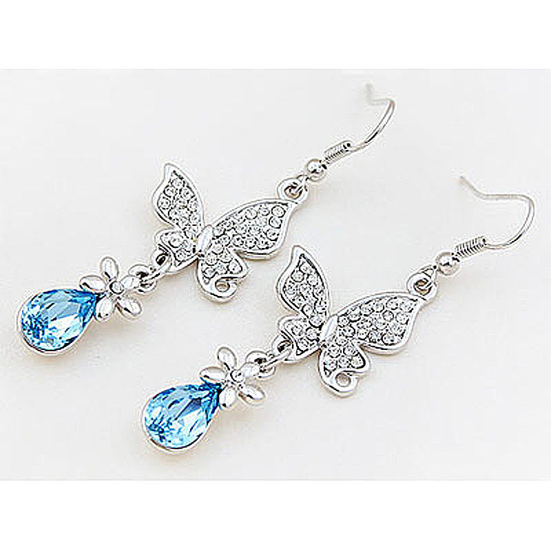 2 Carat Aqua Blue Dangle Butterfly Earrings Use Austrian Crystal XE487-1