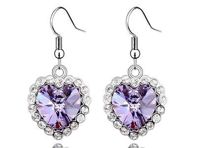 3 Carat Purple Dangle Heart Earrings use Austrian Crystal XE495-0