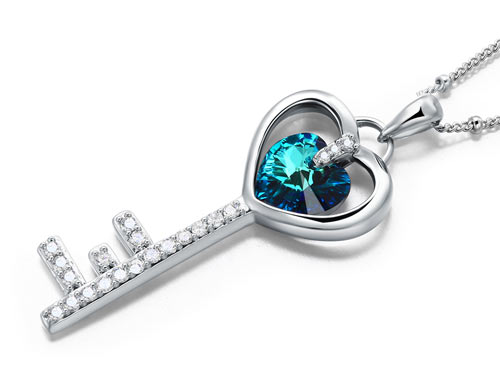 3 Carat Blue Heart Love Key Pendant Necklace use Austrian Crystal XN443-1