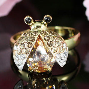 2 Carat Gold Plated Ladybug Ring use Austrian Crystal Free Size XR114-0