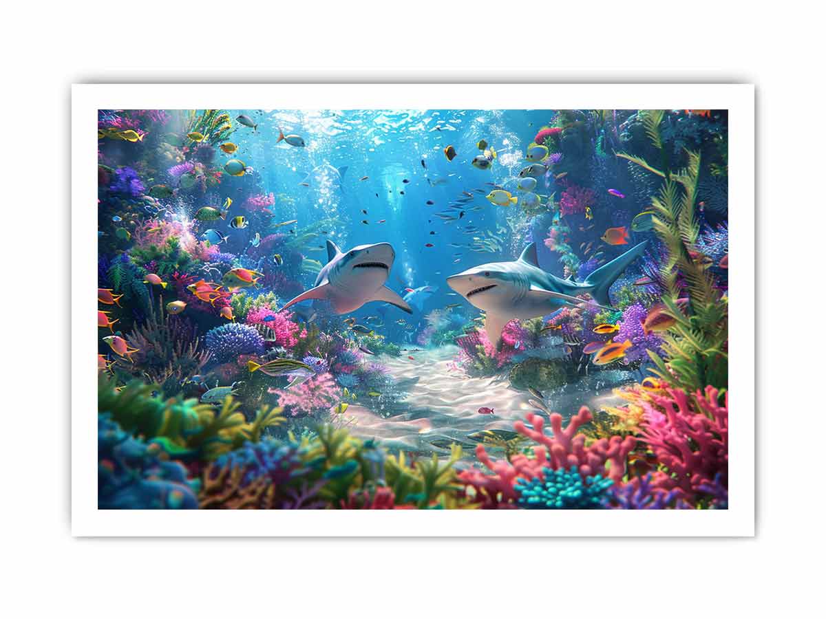 Underwater Sharks  Canvas Painting Art Print-8